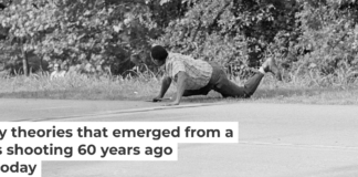 James Meredith looks at Aubrey Norvell, partially hidden behind foliage, after Norvell shot him in Hernando, Miss., on June 6, 1966. AP Photo/Jack Thornell